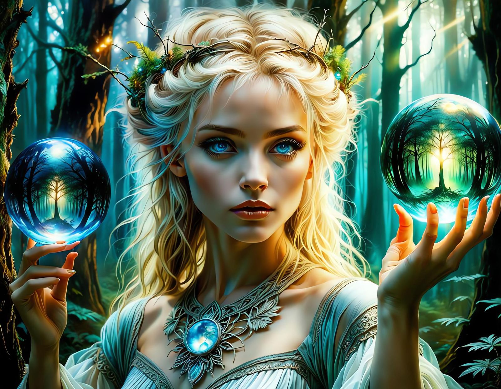 Enchantress with Glowing Orb in Enchanted Forest