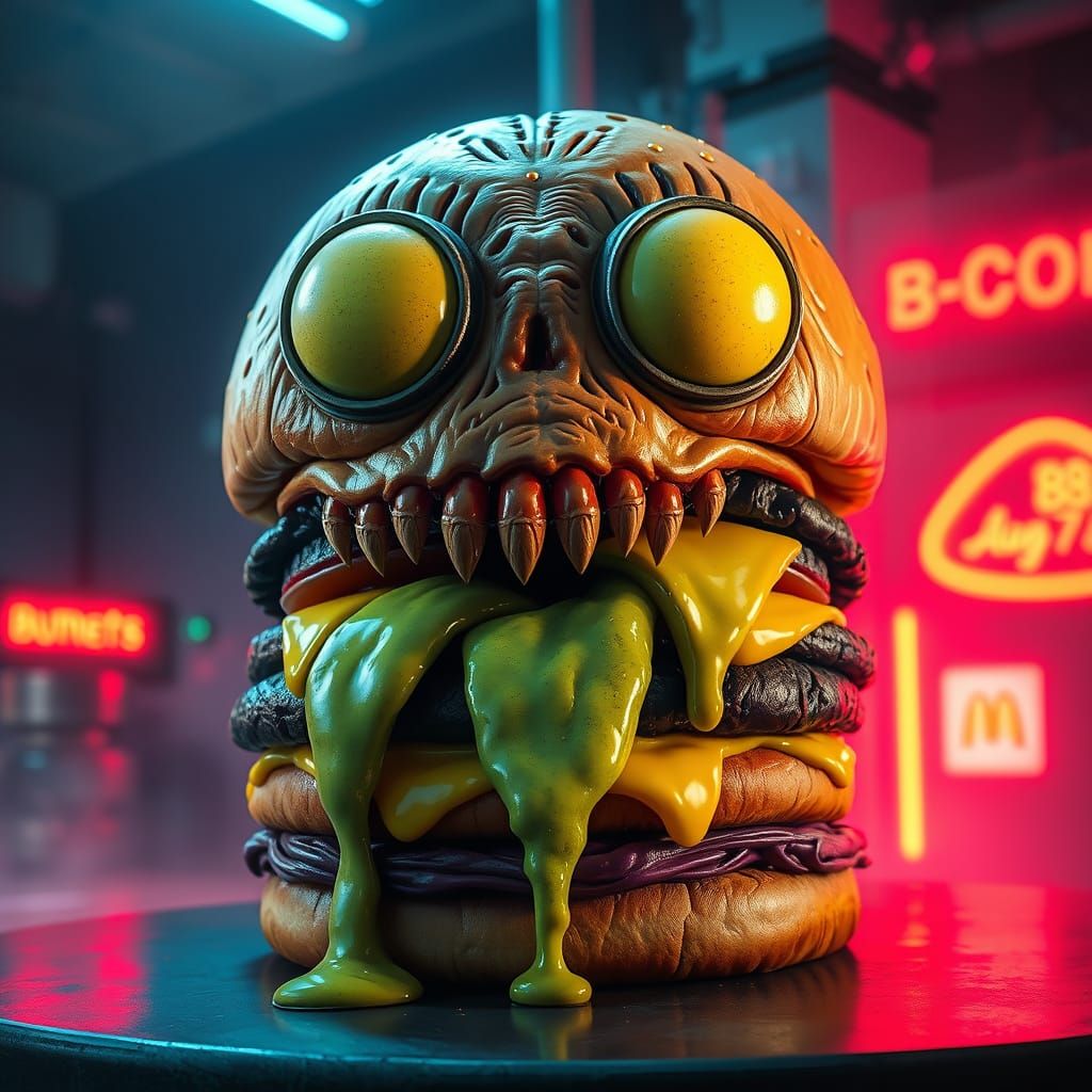 Grotesque Big Mac with Pickle Eyes & Cheese Fangs