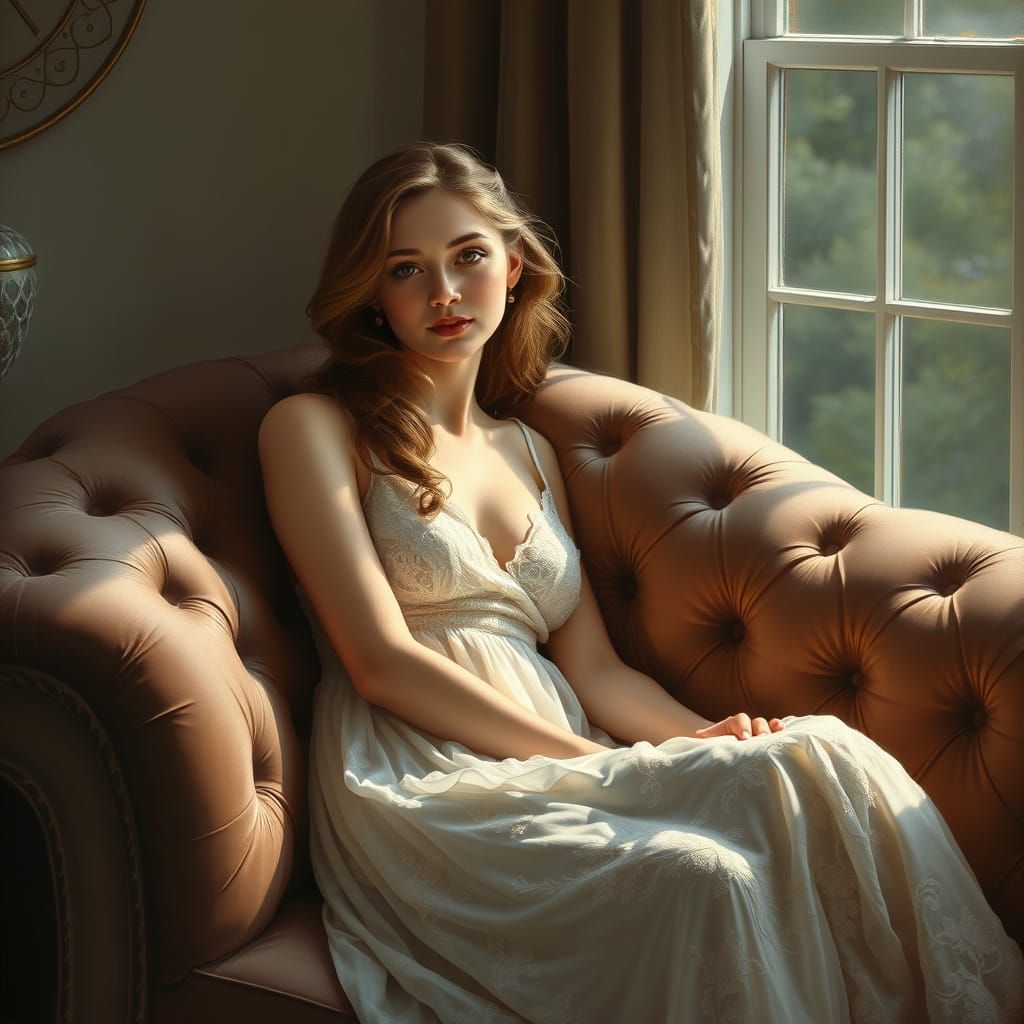 Romantic Oil Painting of Woman on Velvet Couch