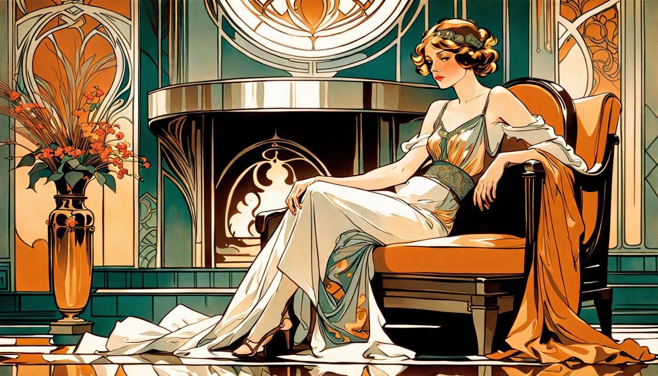 Art Nouveau Maiden by Fireplace in Art Deco Style