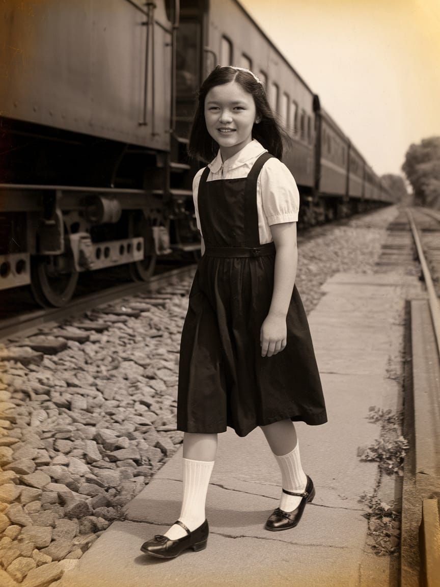 Young Girl Strolls Along Railway Tracks in Vintage Black and...