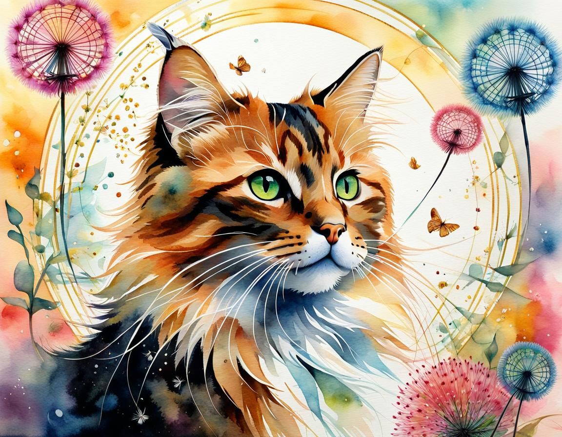 Ginger Cat with Dandelion Seeds: Aquarelle Painting