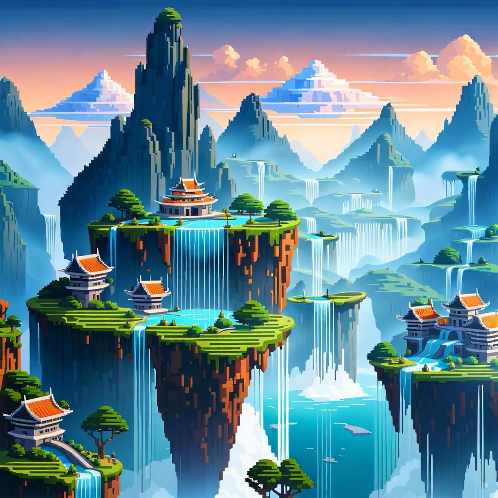 Pixel Art City on Floating Islands