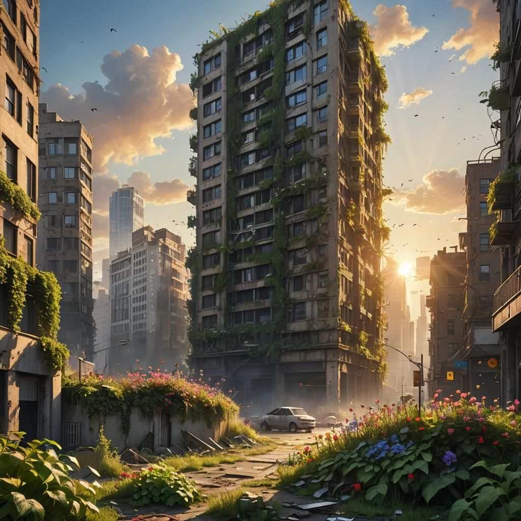 Post-Apocalyptic City Sunset: Cinematic Film Still