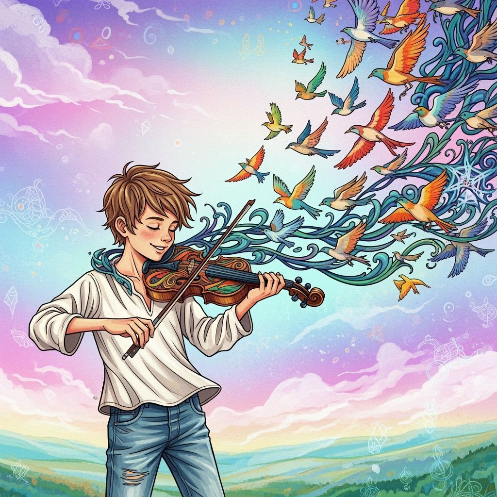 Boy Playing Violin with Birds: Digital Illustration