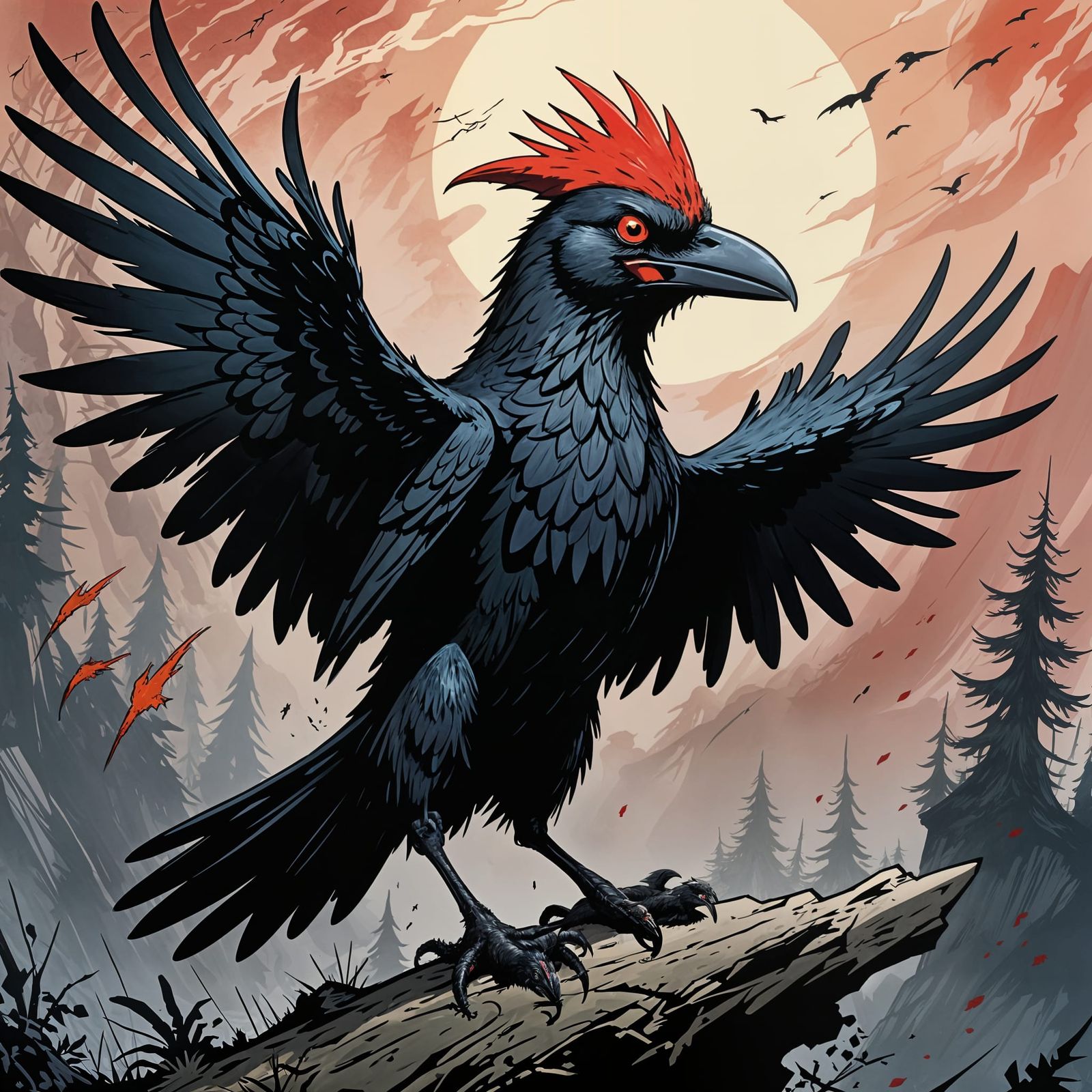 Ethereal Crow with Glowing Red Feathers and White Eyes