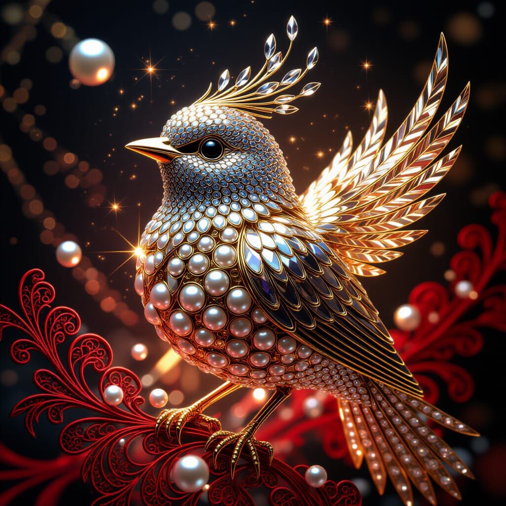 Crystal Bird Portrait with Chrome and Pearls