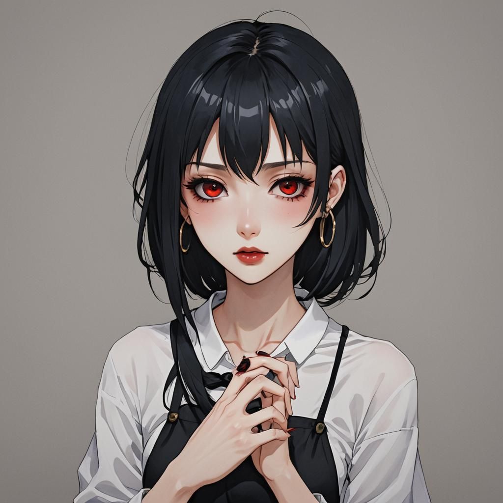 Anime Girl with Black Hair and Red Lips