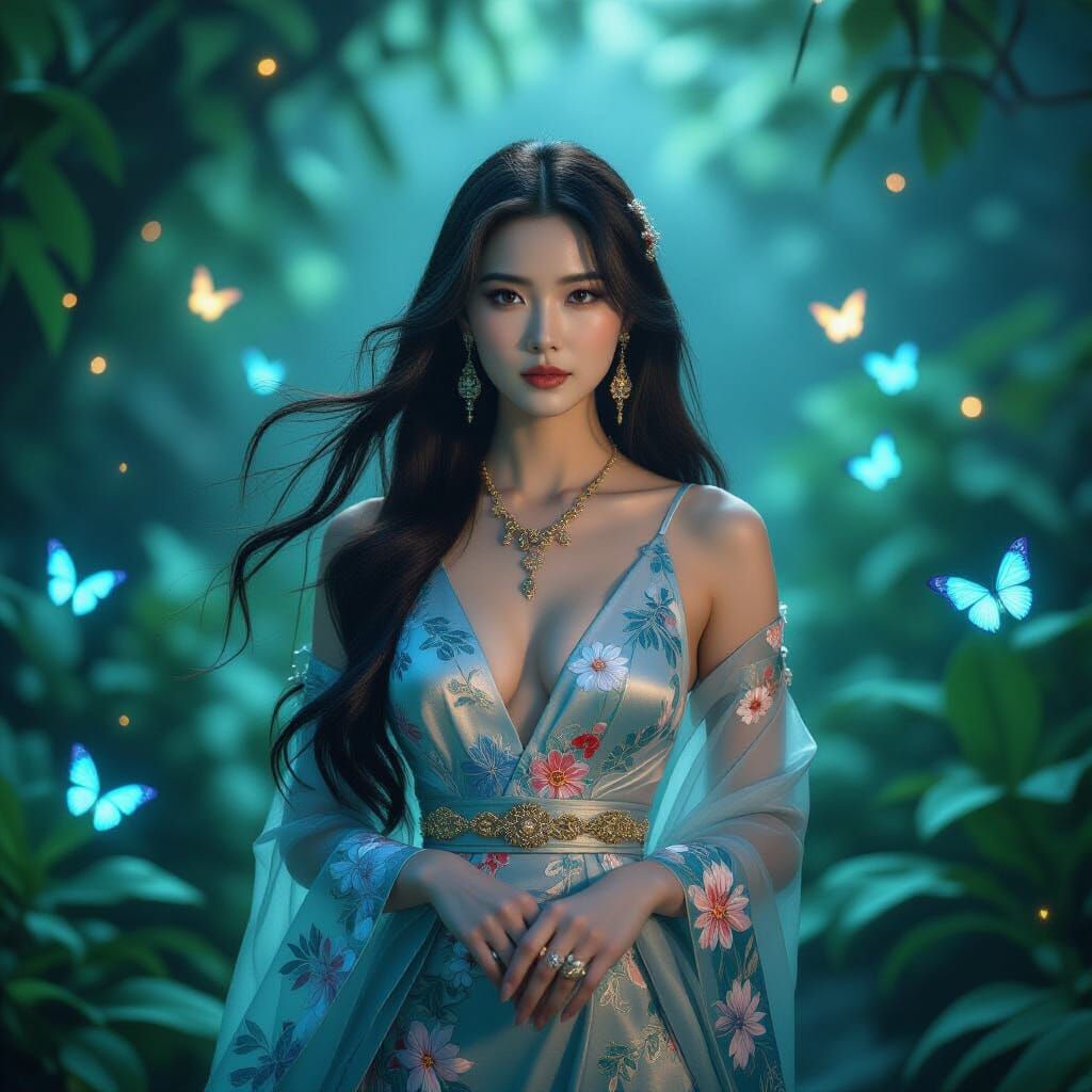 Chinese Woman in Bioluminescent Garden: Cinematic Portrait