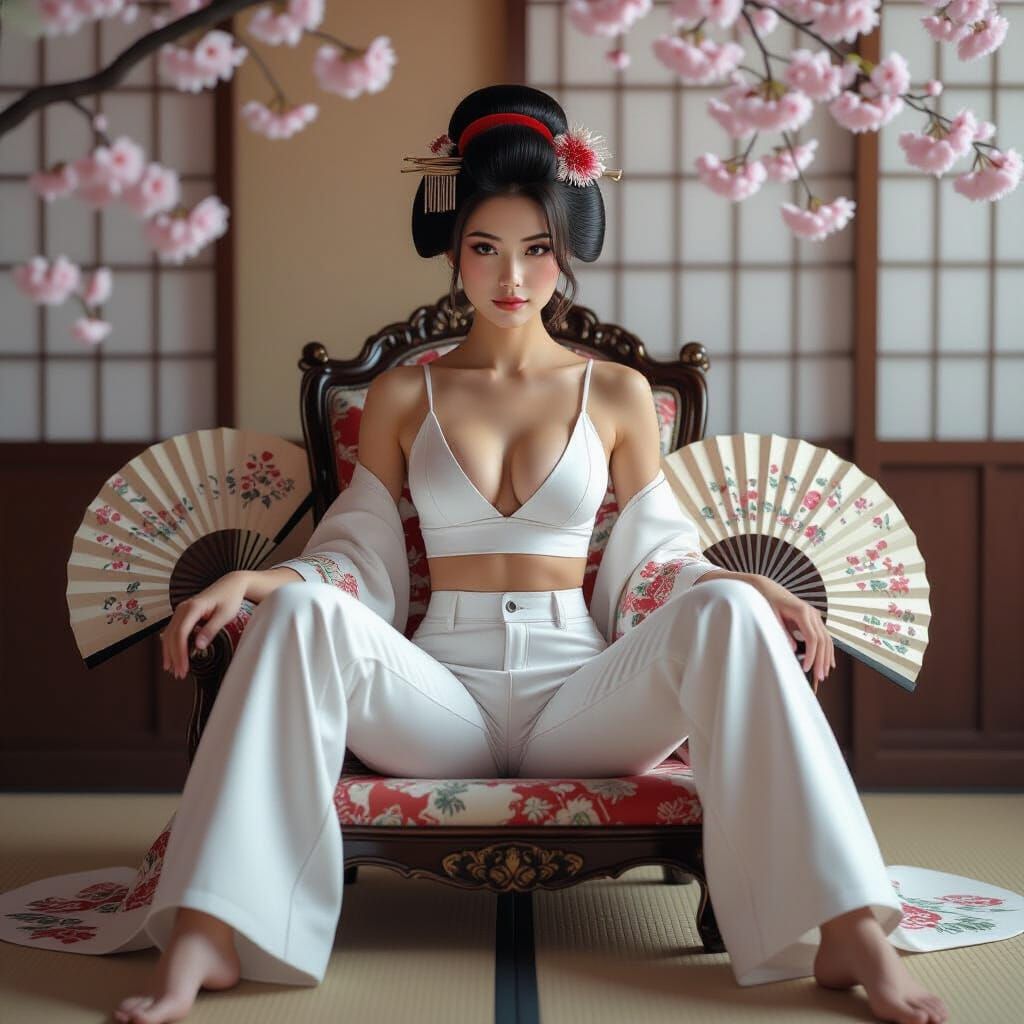 Geisha in Modern Attire with Cherry Blossoms