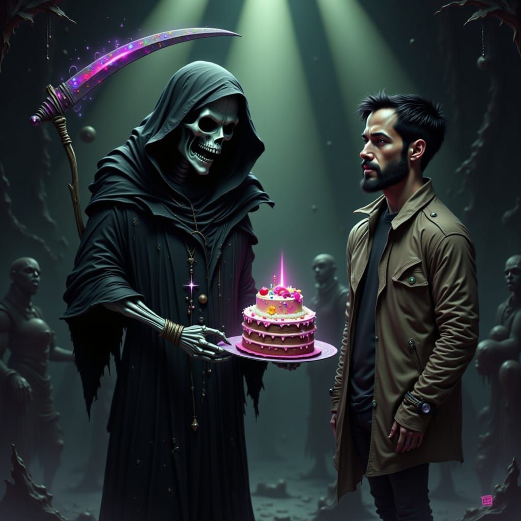 Grim Reaper Offers Cake or Death in Dark Fantasy Style