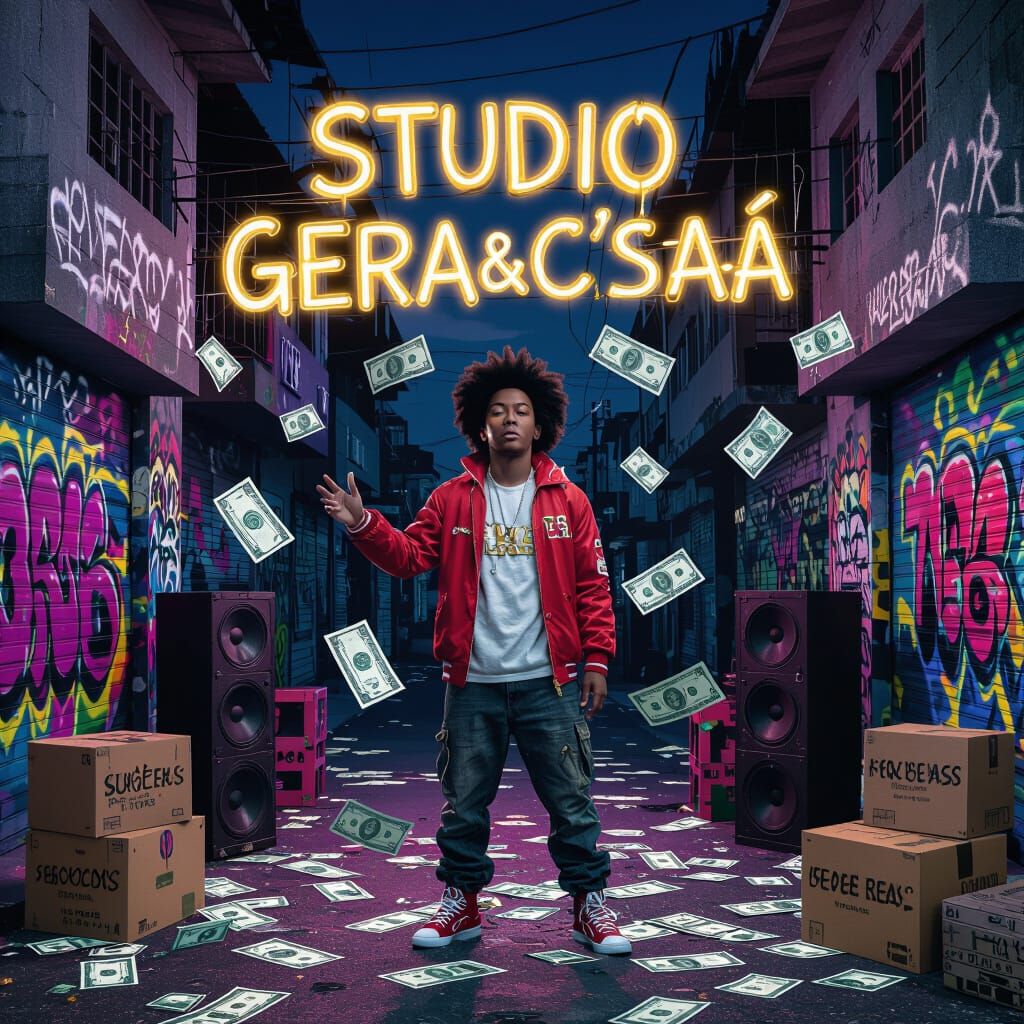 Vibrant Urban Scene with Flying Currency as Street Art