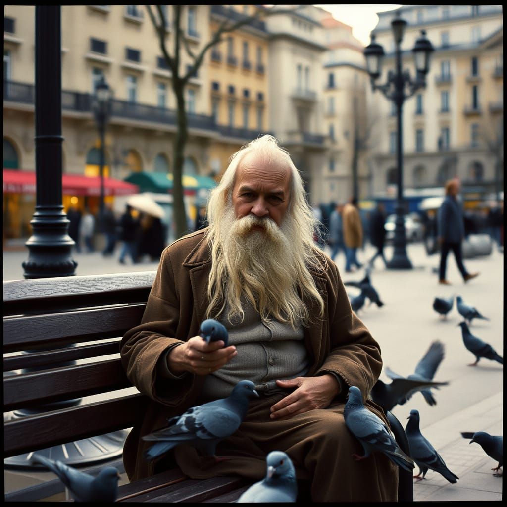 Elderly Gentleman Feeds Pigeons in a Nostalgic City Square C...