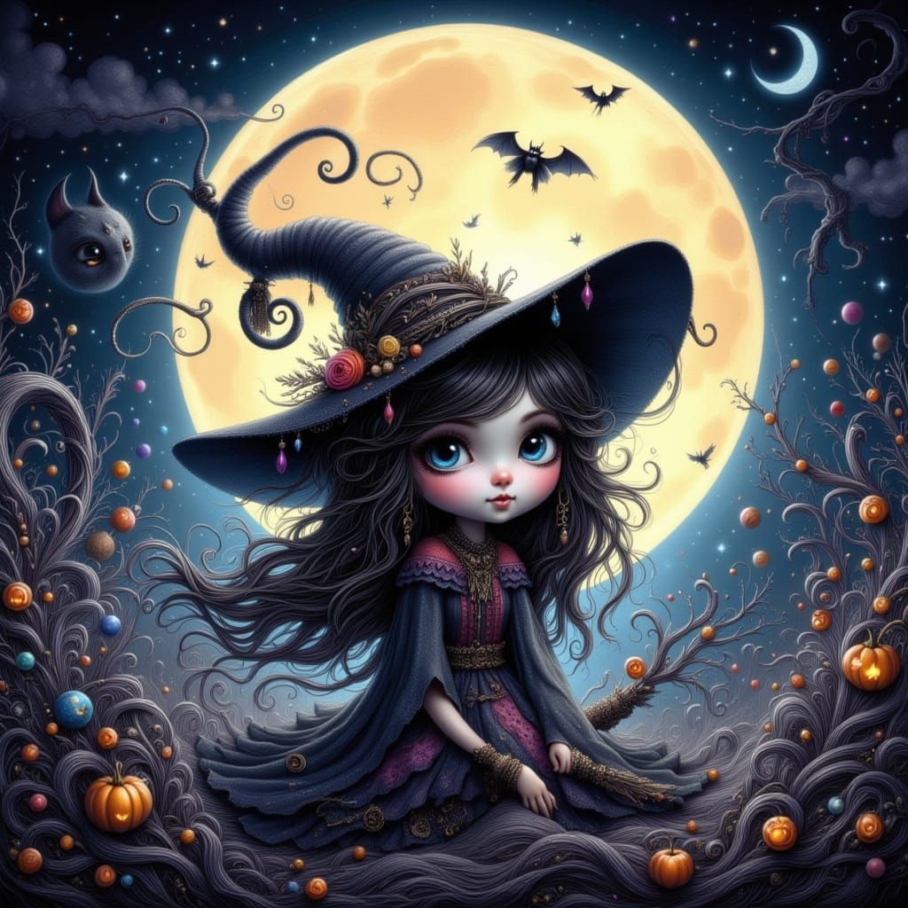 Cute Witch on an Eerie Moonlit Night