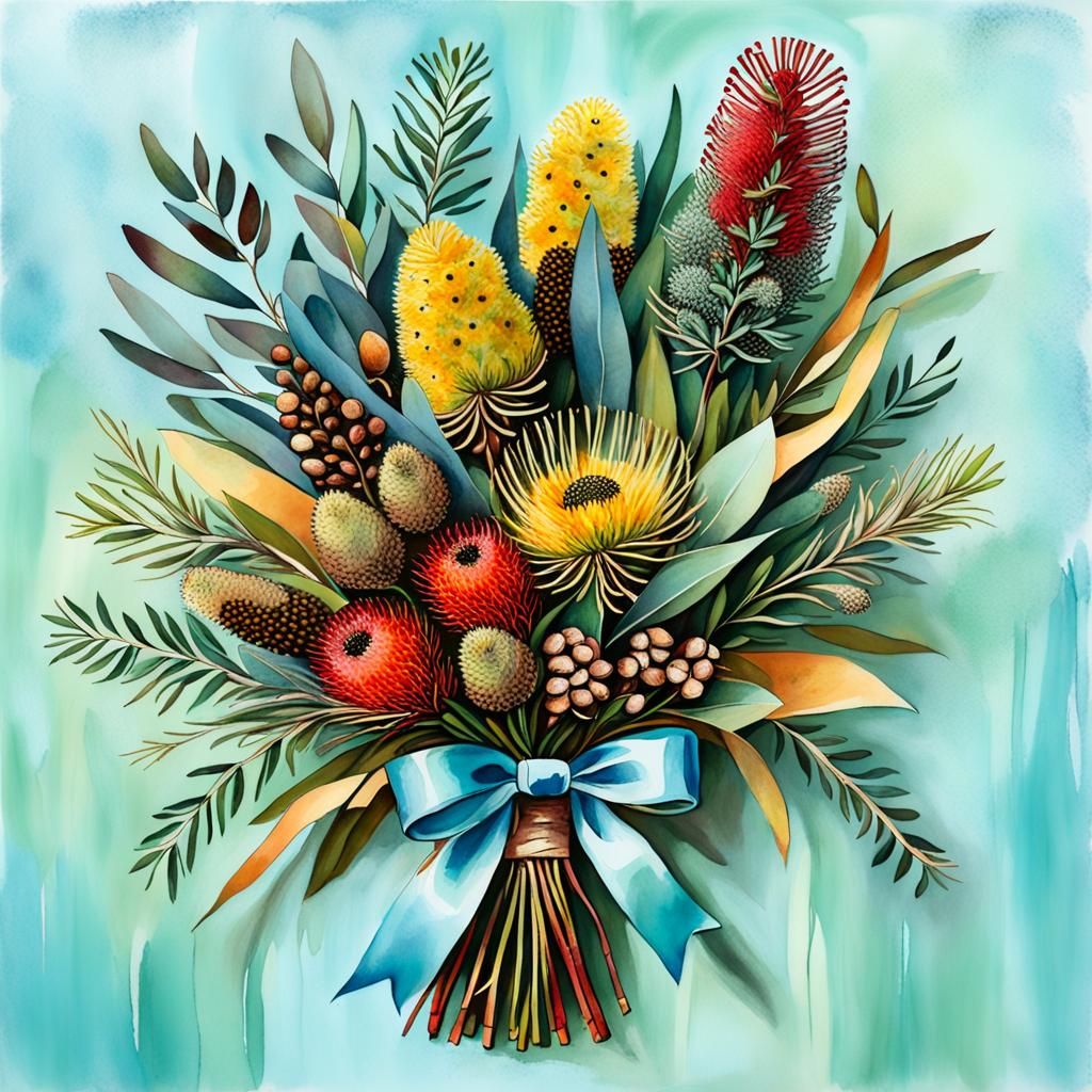 Australian Native Flower Bouquet with Alcohol Ink Background