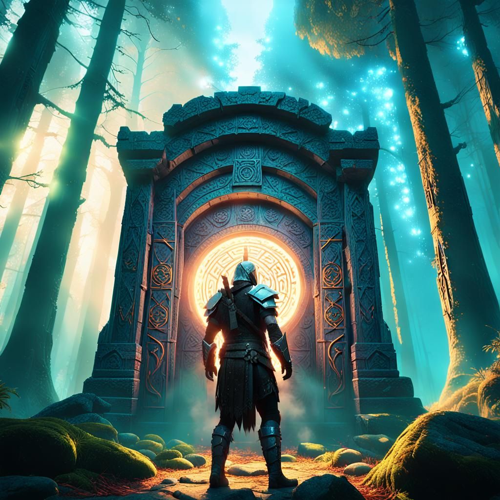 Warrior and Glowing Spell Portal in Fantasy Forest