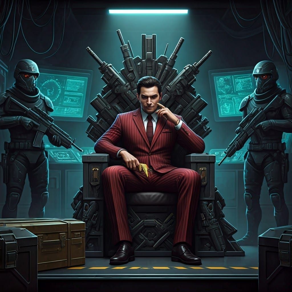 Cyberpunk Smuggler on Weapon Throne in Dim Lair