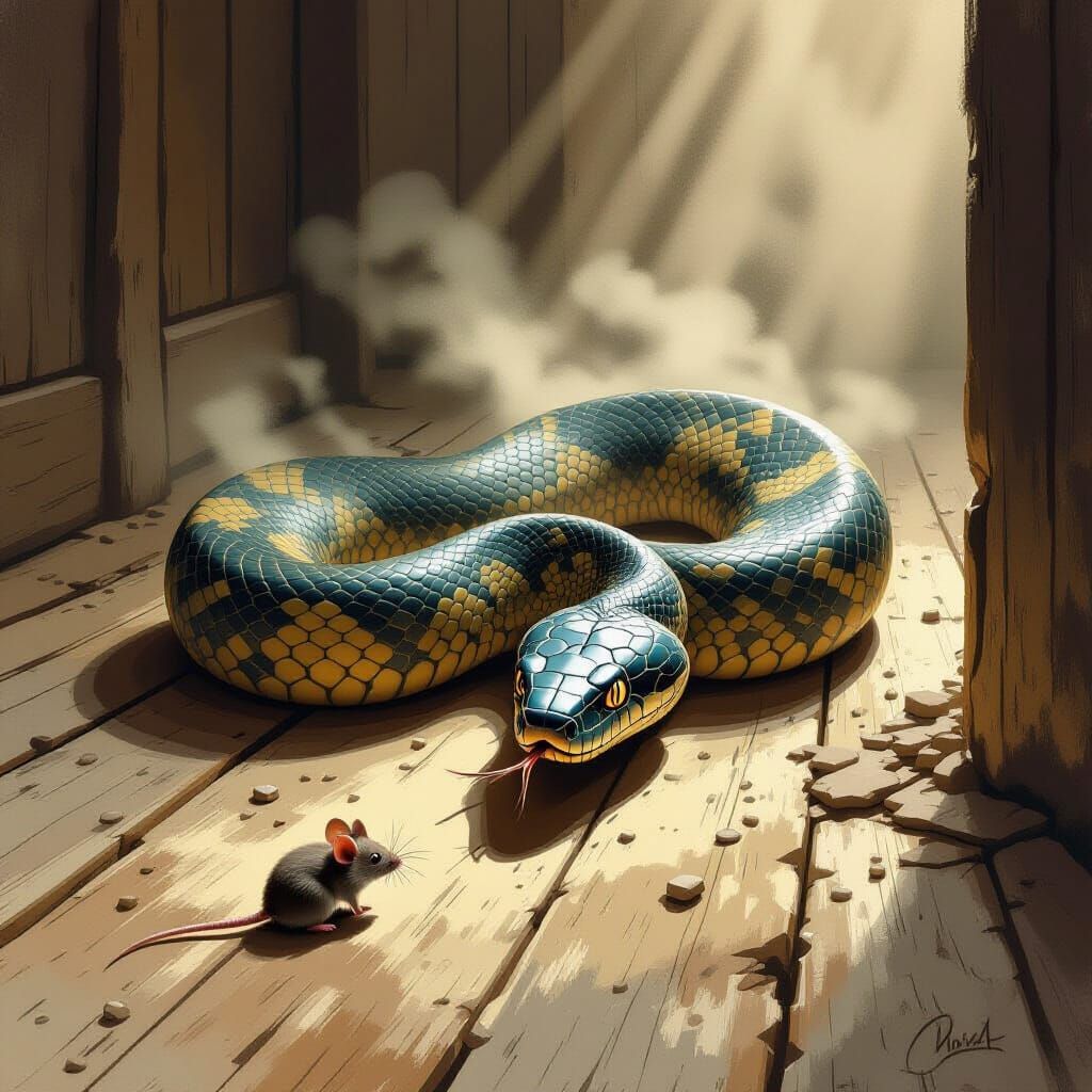 Snake Chasing Mouse on Wooden Floor in Earth Tones