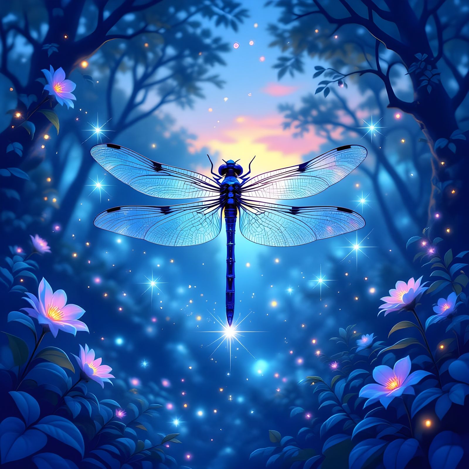Astral Dragonflies Dance in Bioluminescent Forest