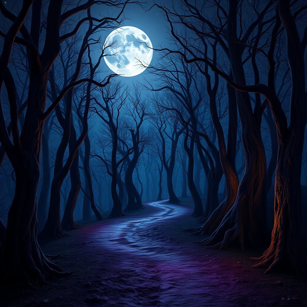Eerie Moonlit Path Beckons into the Heart of Dark Woods