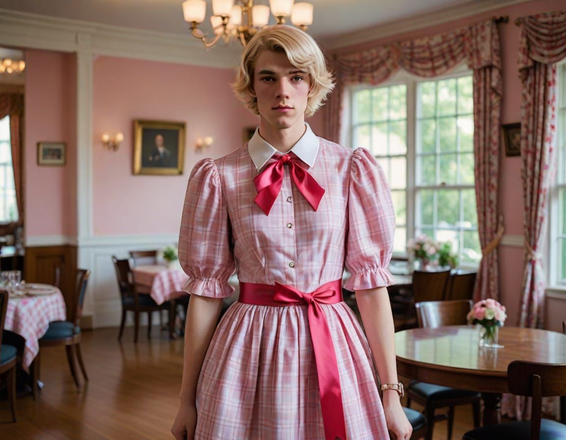 Gorgeous Crossdressing Teen in Pink Plaid Dress