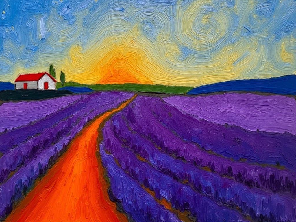 Impressionistic Lavender Field with Orange Path and Cosmic S...