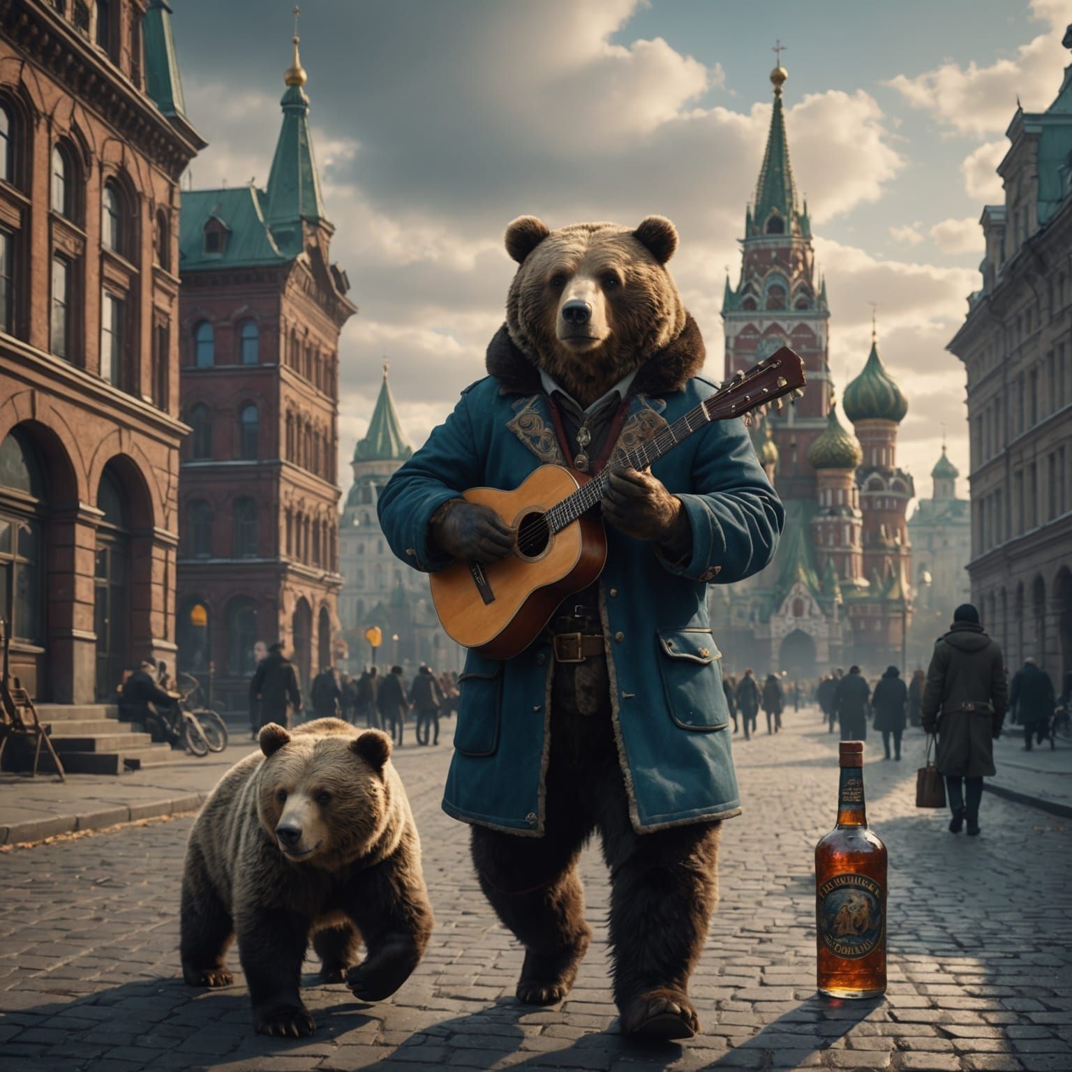 Sad Russian Man Walks Bear in Moscow: Matte Painting
