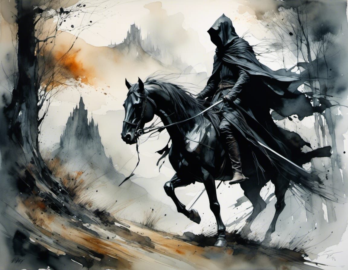 Nazgul on Black Horse in Watercolor Style