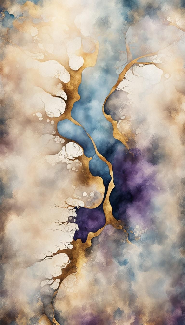 detailed water color painting, large ink blots, high tech, abstract, metal textures, brown, light blue, dark blue, purpl...