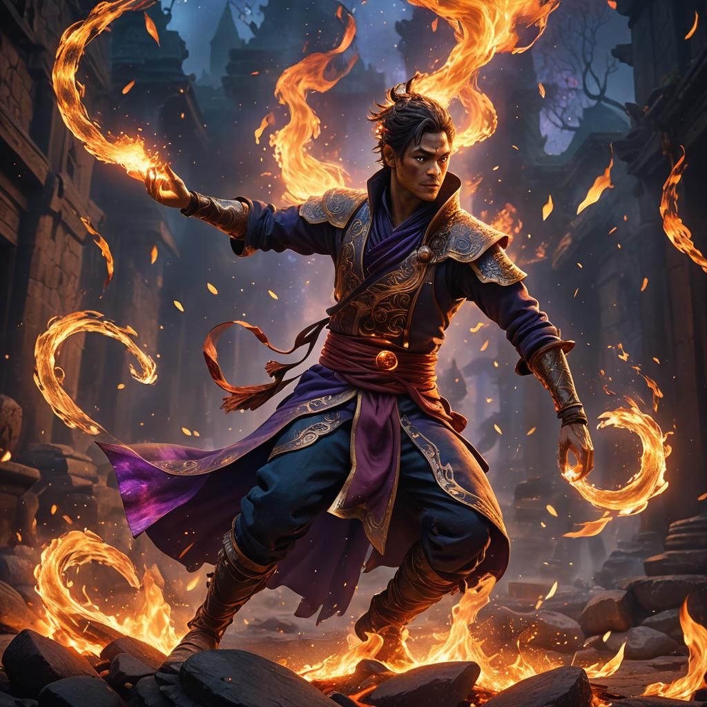 Dynamic Fire Bender Fantasy Concept Art