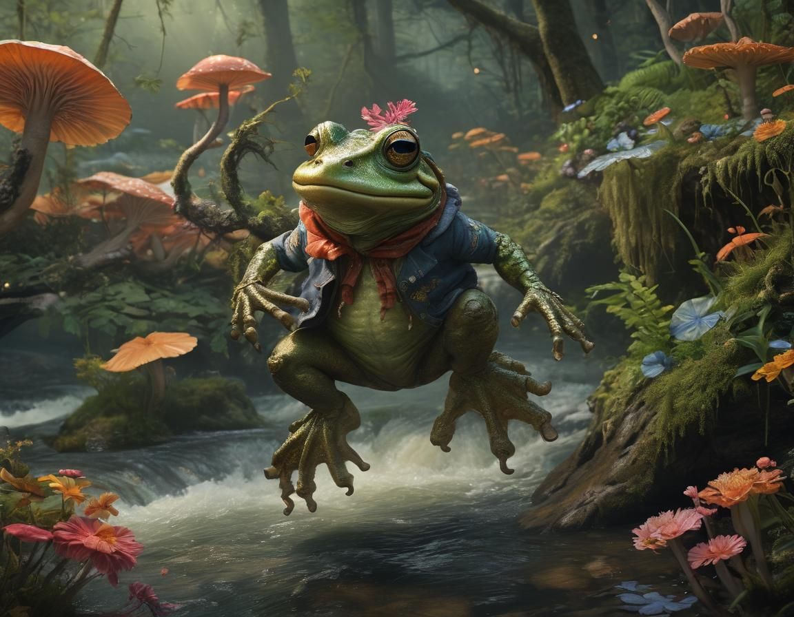 Anthropomorphic Frog on Mushroom in Magical Forest