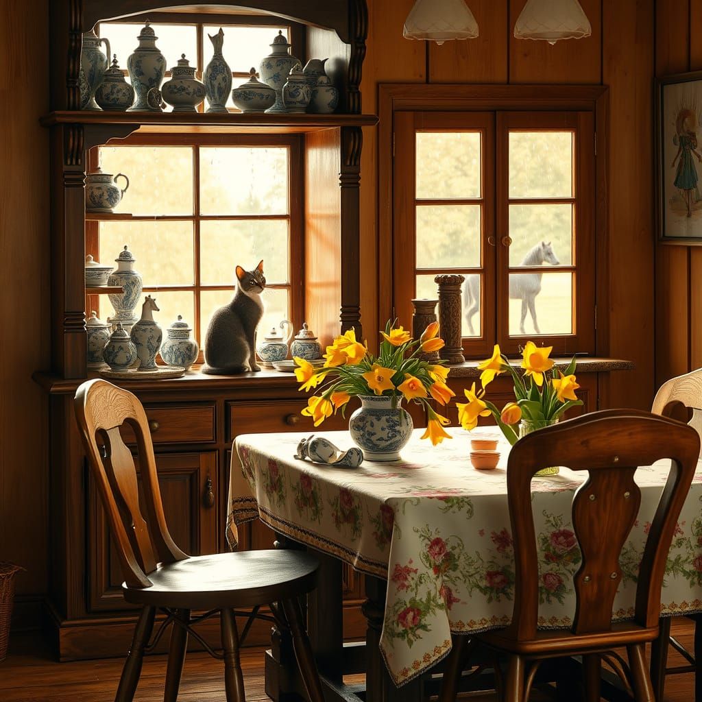 Traditional Czech Kitchen with Majestic Cat