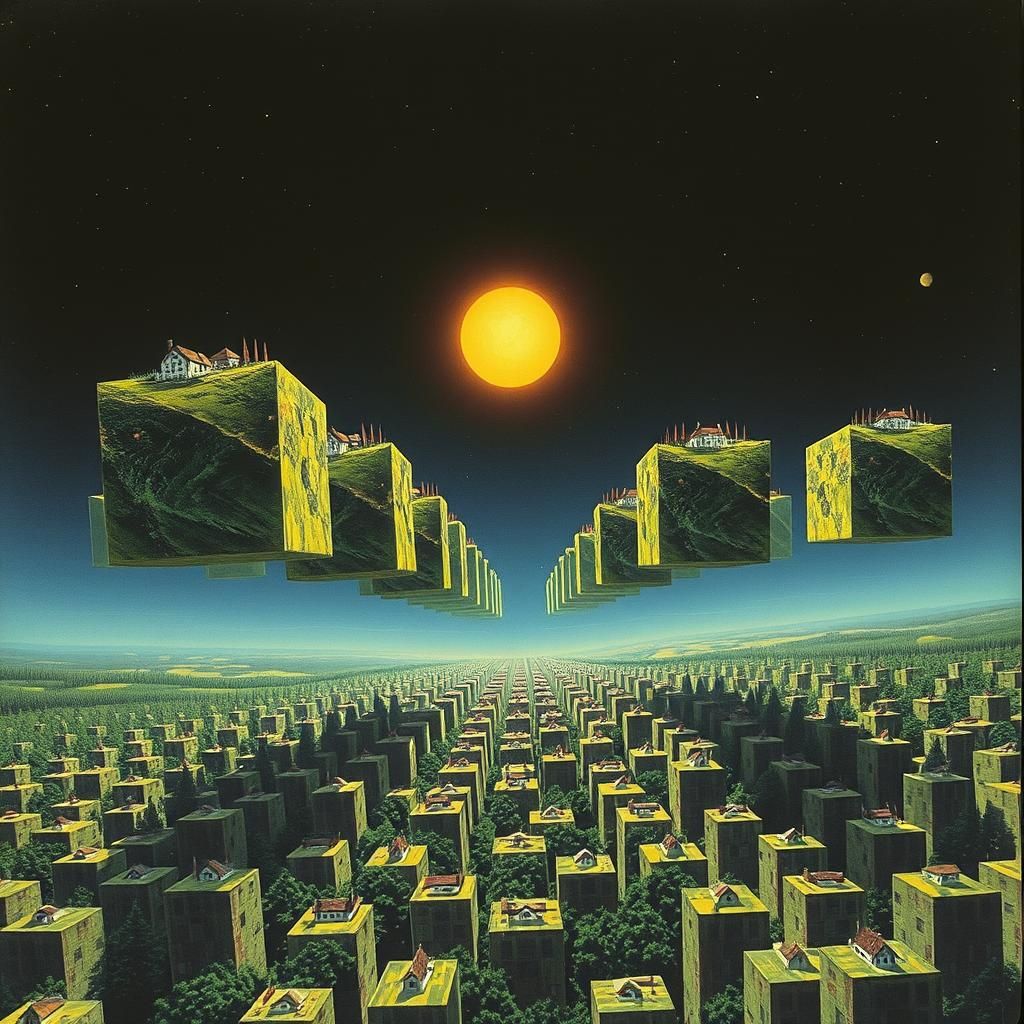 Surreal Cubic World in Retro Sci-Fi Style
