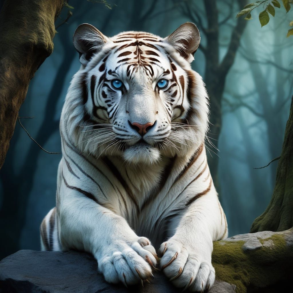 Elegant White Tiger in Moonlit Forest