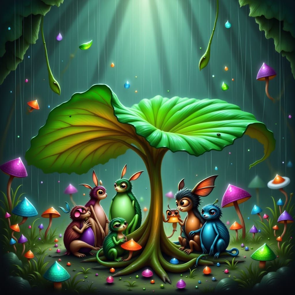 Tiny Mystical Creatures Huddle Under Hosta Leaf