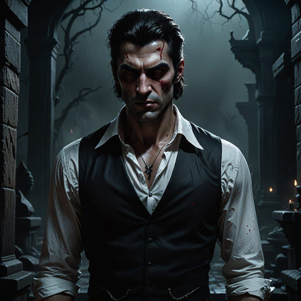 Mysterious Vampire Bares Fanged Snarl in Moody, Dark Fantasy...