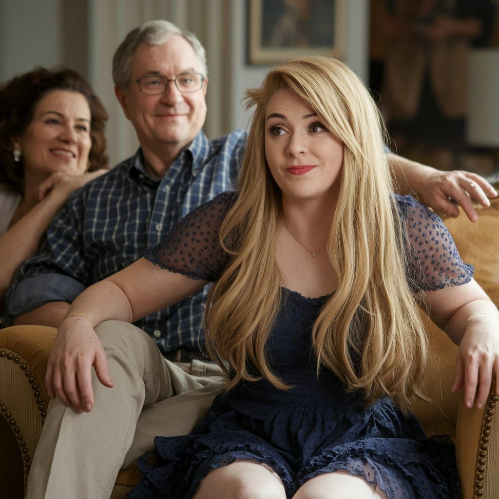 Embarrassed Young Man in Frilly Dress on Lap