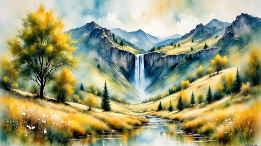 Spring Mountain Waterfall Landscape as Watercolor Painting