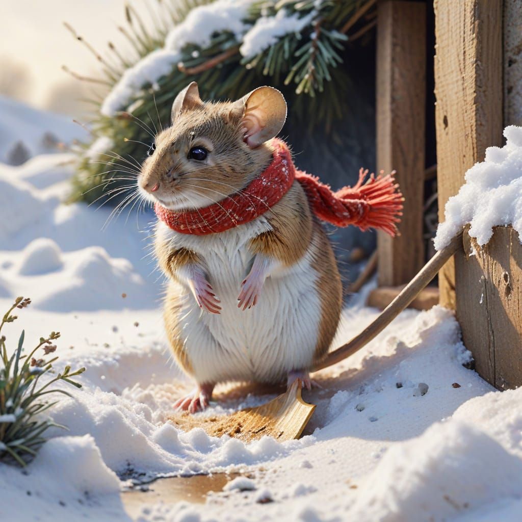 Mouse in Red Scarf Shoveling Snow in Cozy Winter Scene