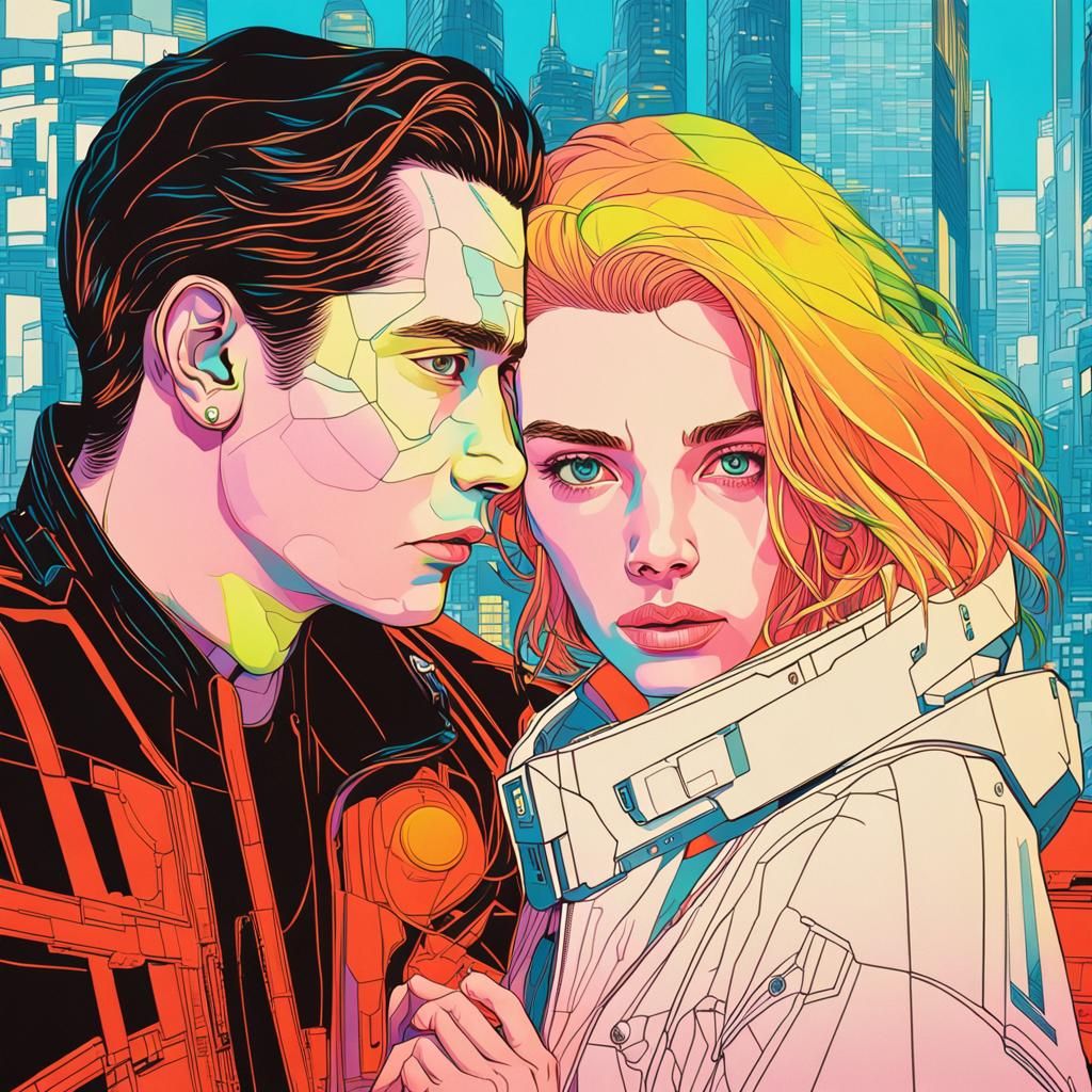 Neon Couple in Hyperrealistic Futuristic Cityscape