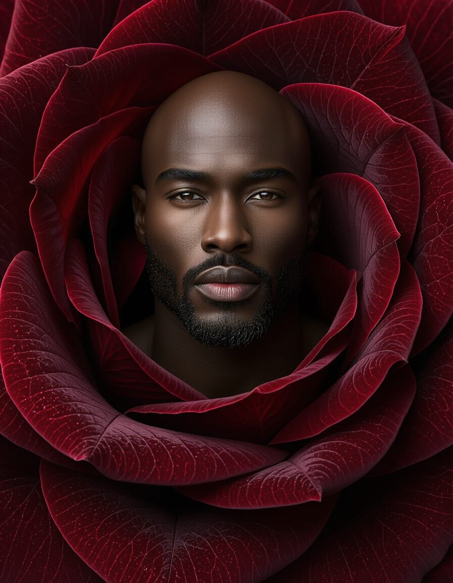 Handsome Man Merges With Stylized Dark Red Rose