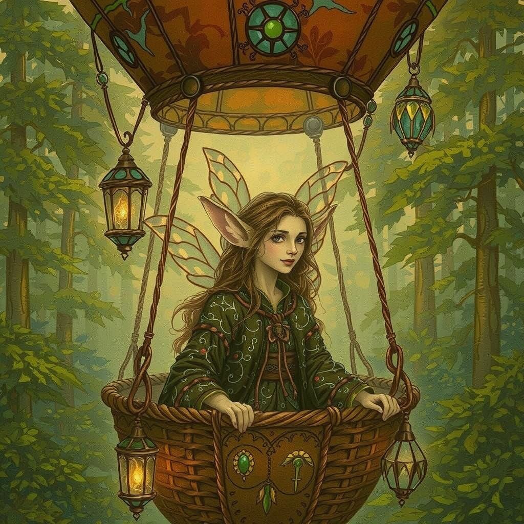 Fae in Hot Air Balloon Amidst Dreamy Forests