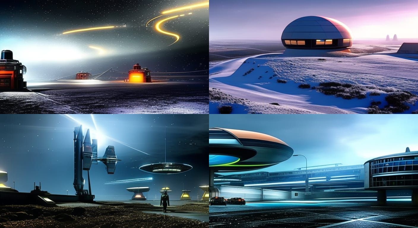 Spaceship Arrival at Snowy Industrial Base in Cyberpunk Styl...