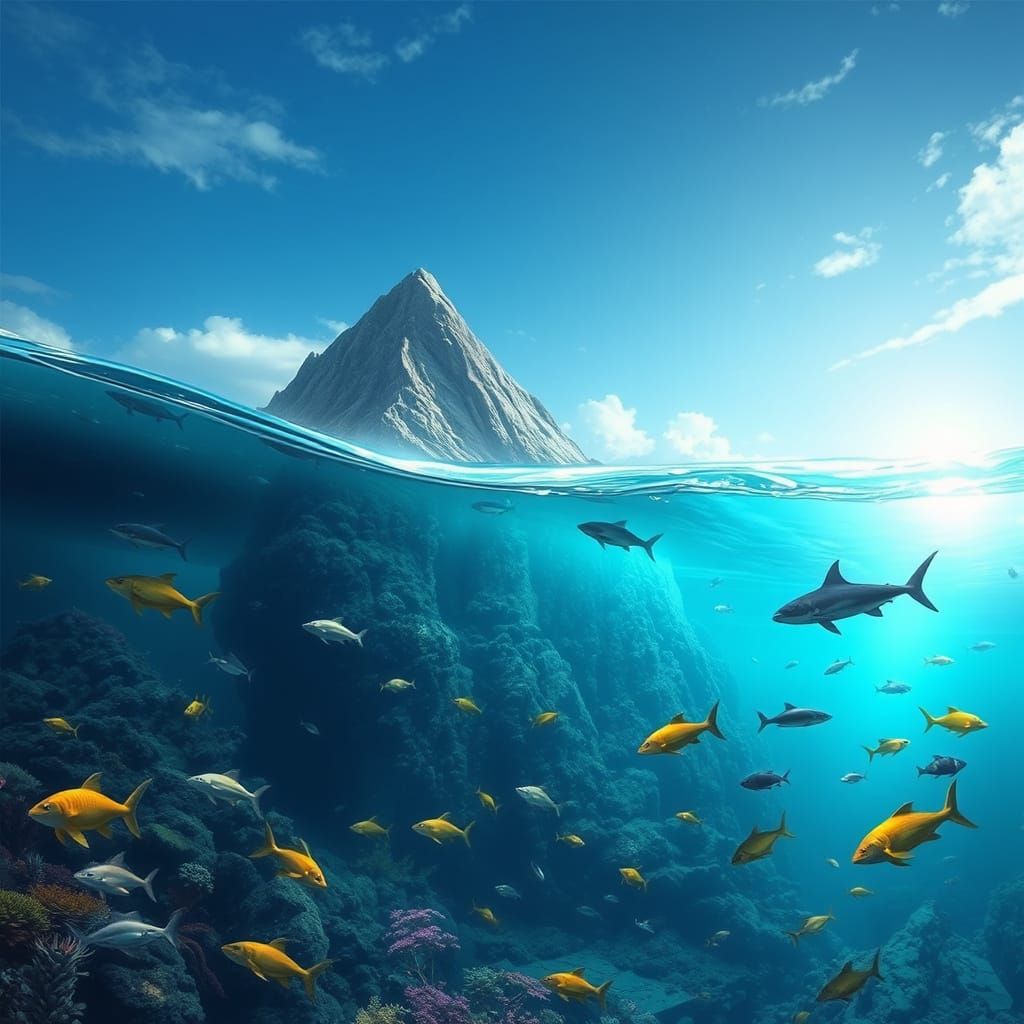 Underwater Room with Mountain, in Sci-Fi Style