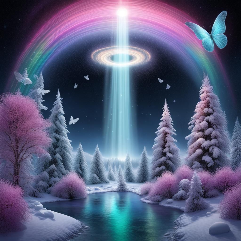 Christmas Planetarium Utopia with Rainbow Waterfall