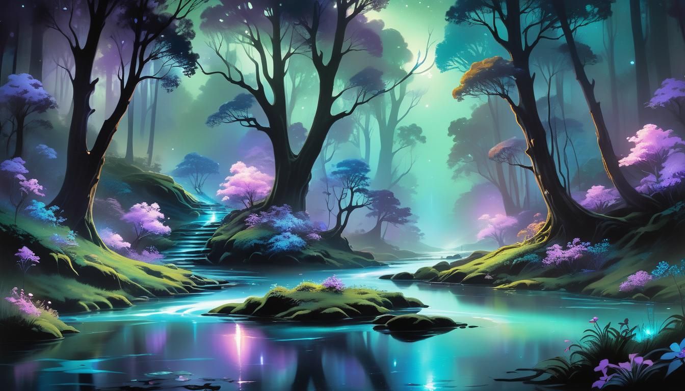 Enchanted Nighttime Forest in Dreamy, Airbrush Art Style