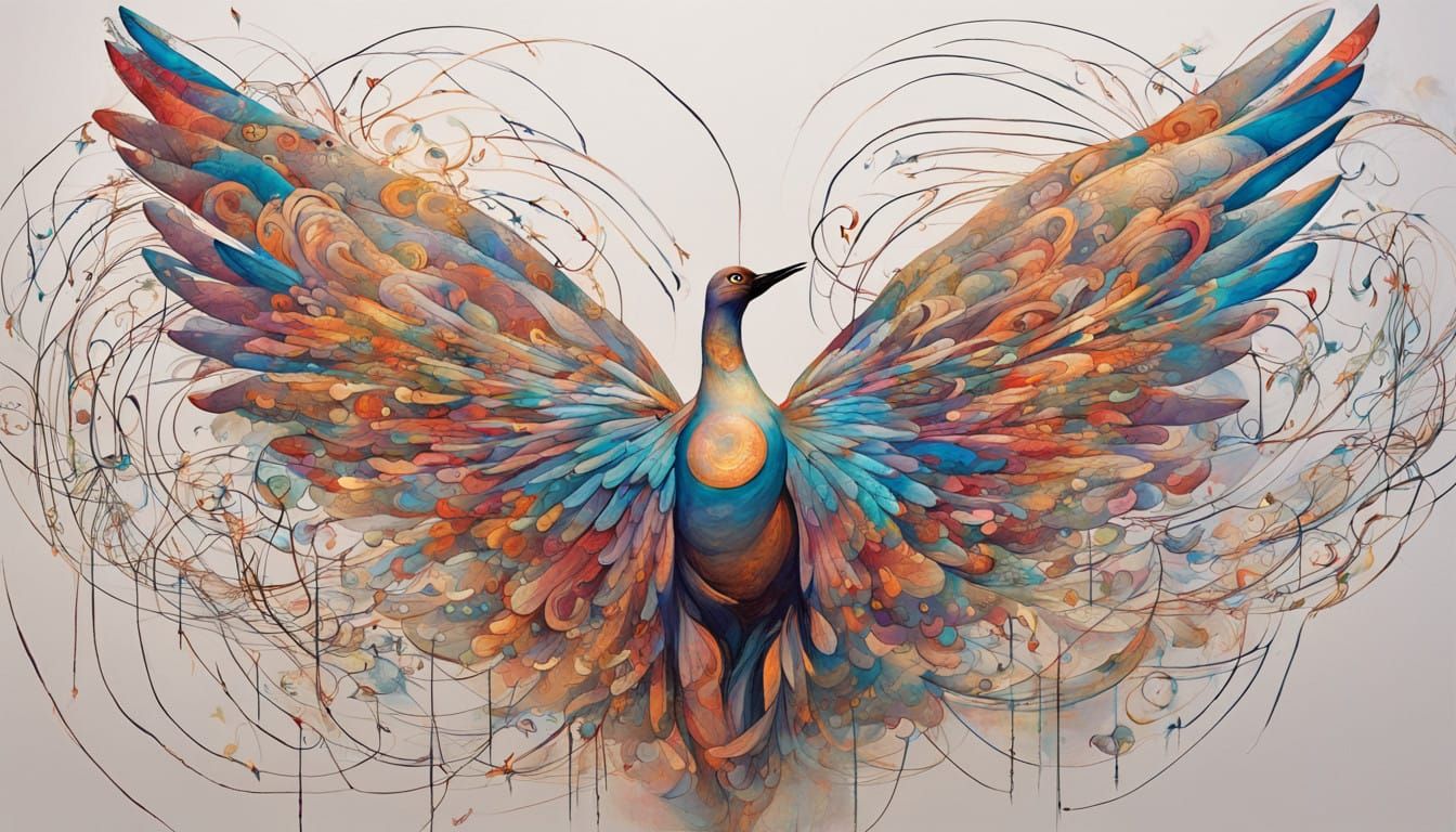 Surreal Figure Dances Amidst Whirling Musical Notes and Bird...