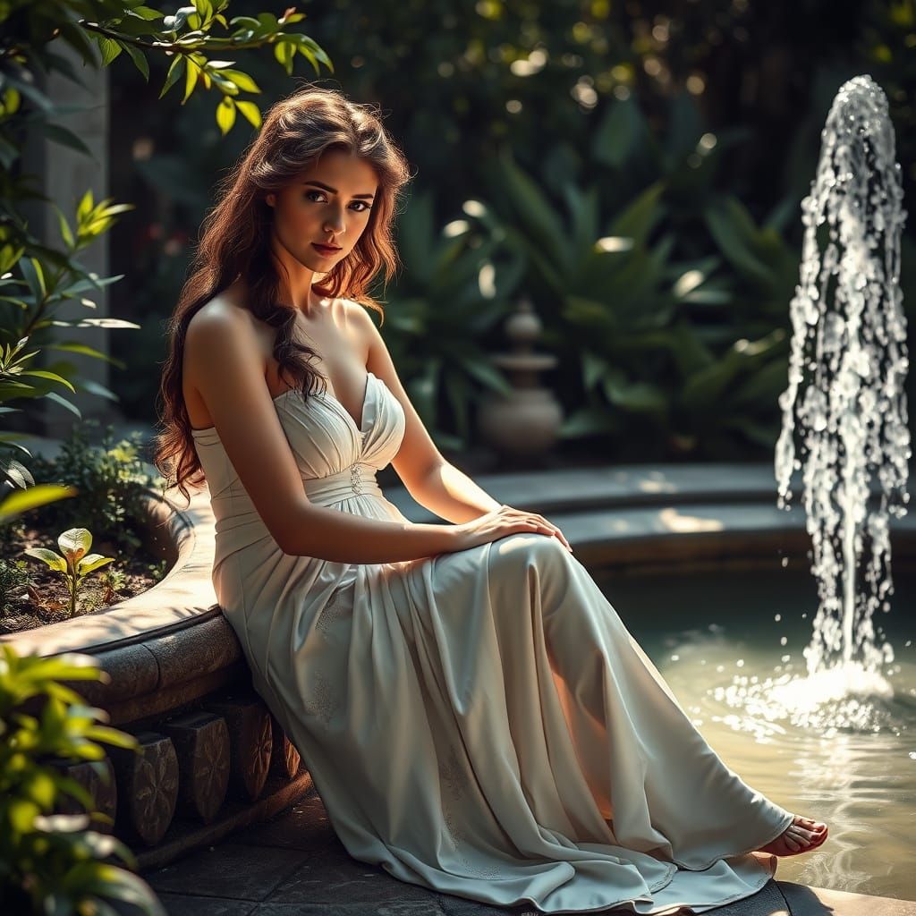 Aphrodite in a Serene Garden Oasis, Hyperrealistic HDR
