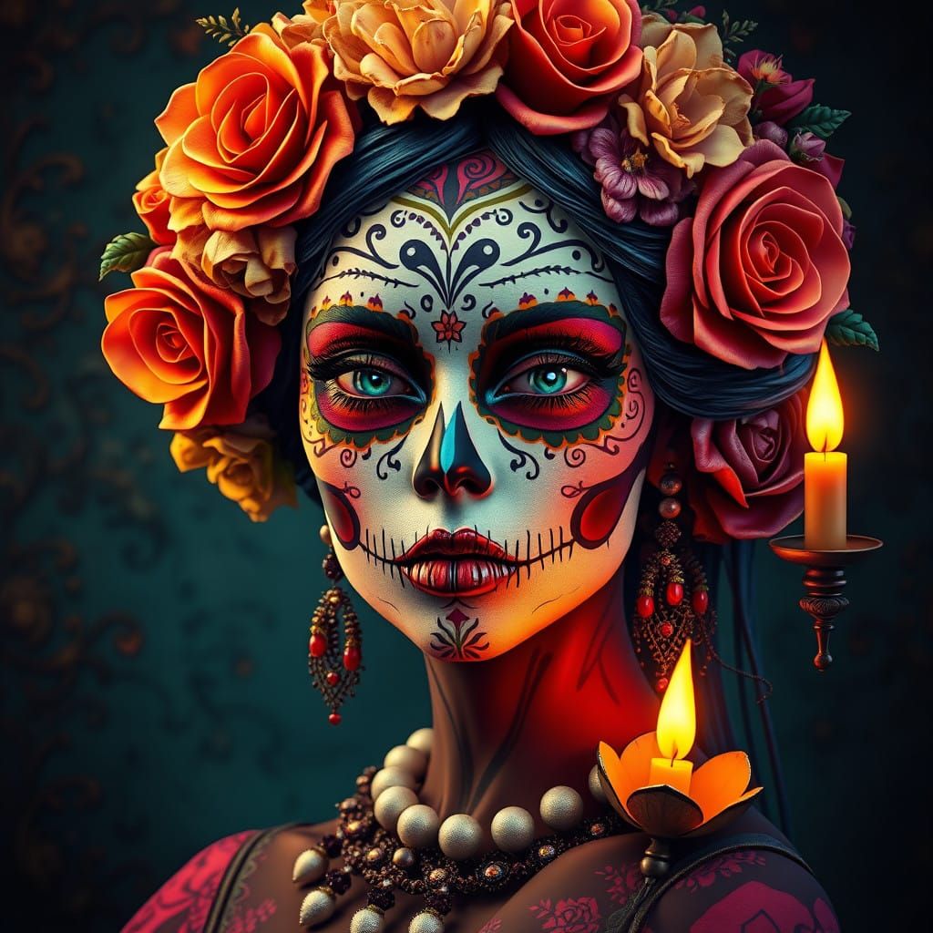 Mystical Dia de Muertos Goddess in Vibrant Art Nouveau Style