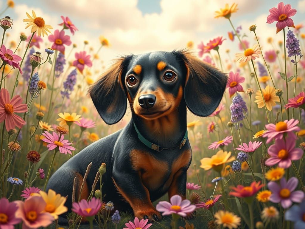 Whimsical Dachshund Amidst Vibrant Wildflowers in Fantasy Re...